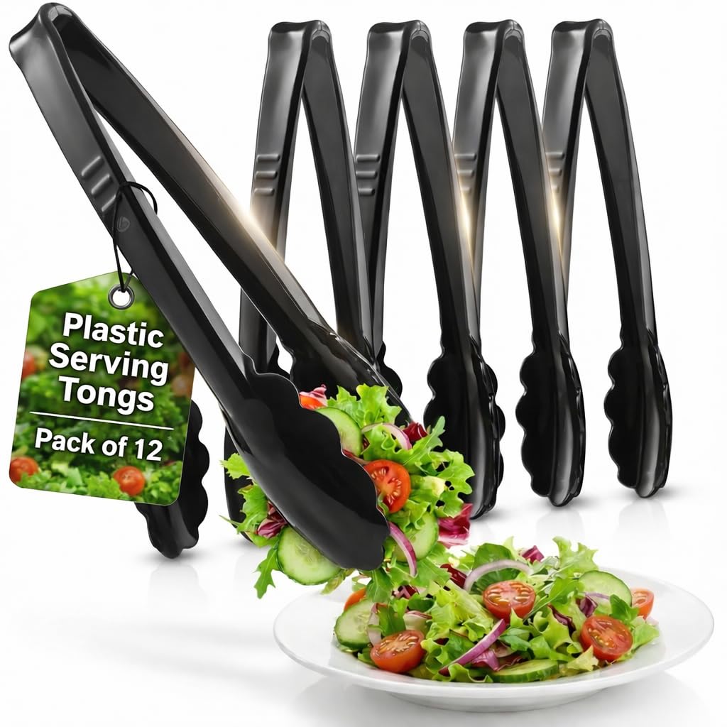 9-Inch Plastic Serving Tongs (6-Pack) Heavy-Duty Black Tongs