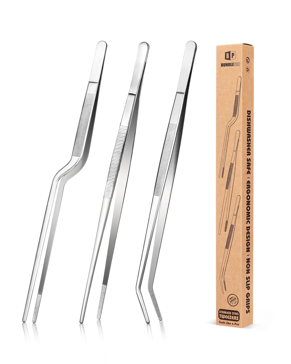 BUNDLEPRO Kitchen Tweezers Tongs with Precision Serrated Tips, 3 Pcs, 12''