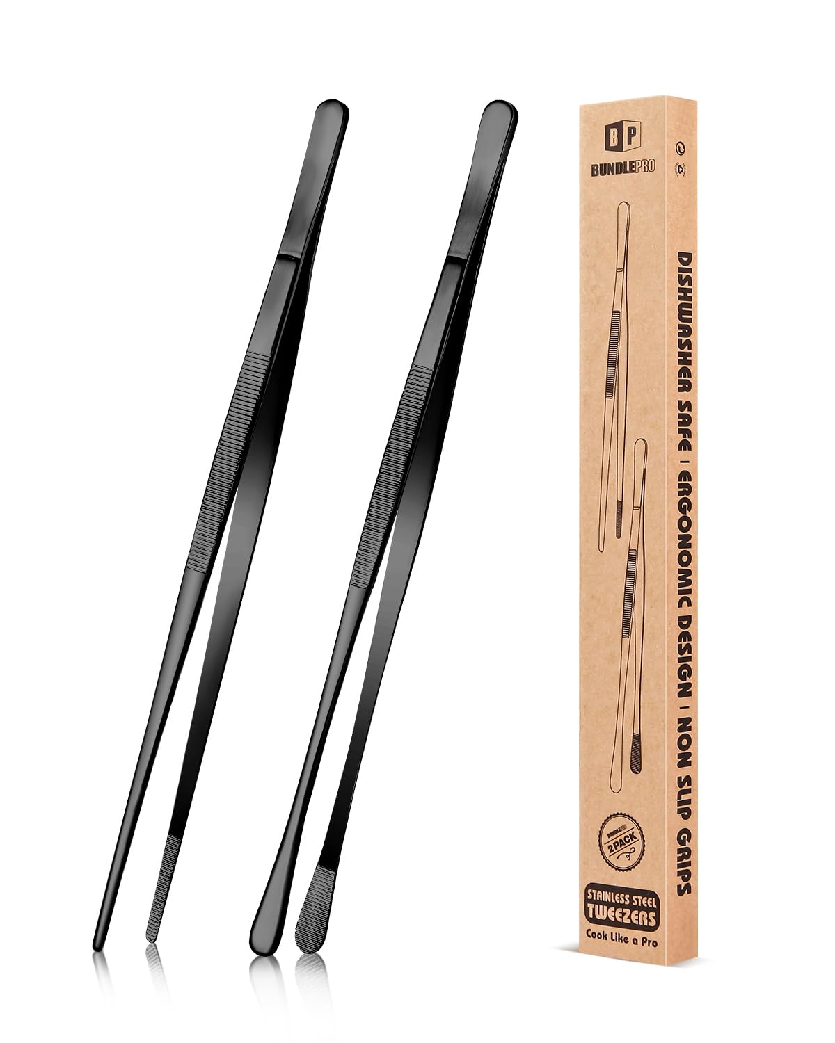BUNDLEPRO Kitchen Tweezers Tongs with Precision Serrated Tips, 2 Pcs, 12''