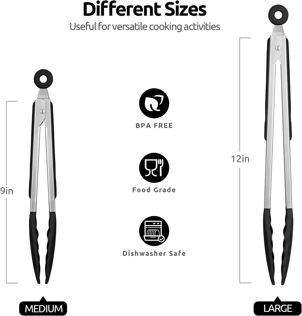 U-Taste Kitchen Tong for Cooking, 600ºF Heat-Resistant Silicone, 2Pcs/Black