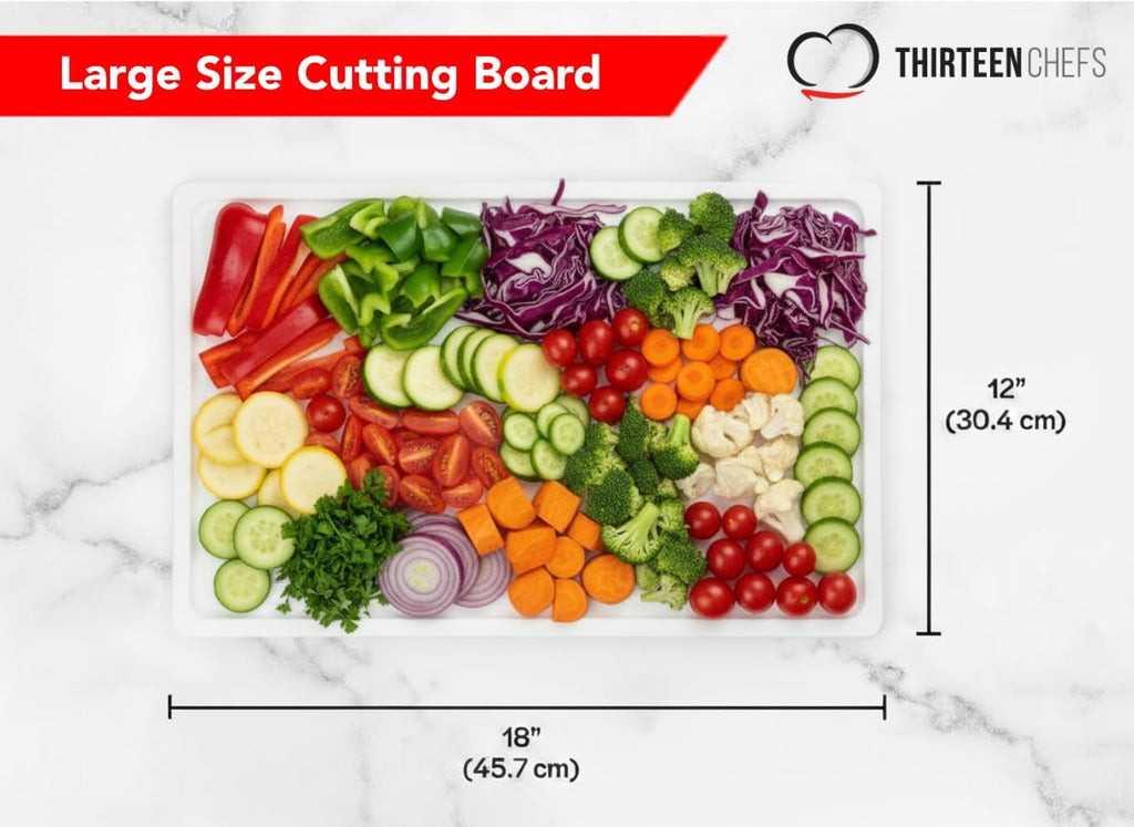 Thirteen Chefs 18x12 White Cutting Board with Groove, 1/2" Thick Plastic