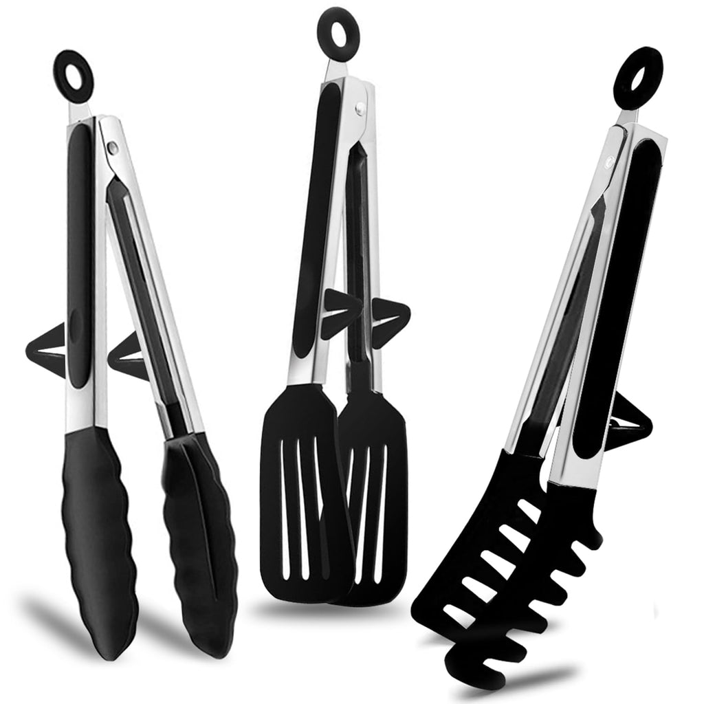 9" Kitchen Tongs for cooking with Silicone Tips, 3Pcs Serving Tongs, Green
