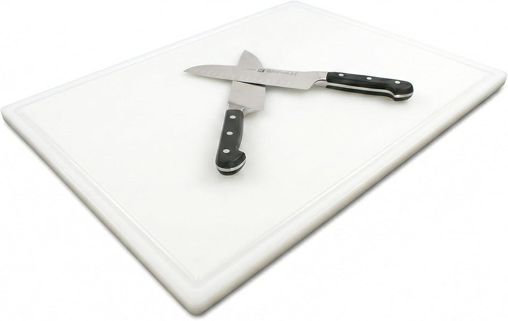 Thirteen Chefs 18x12 White Cutting Board with Groove, 1/2" Thick Plastic