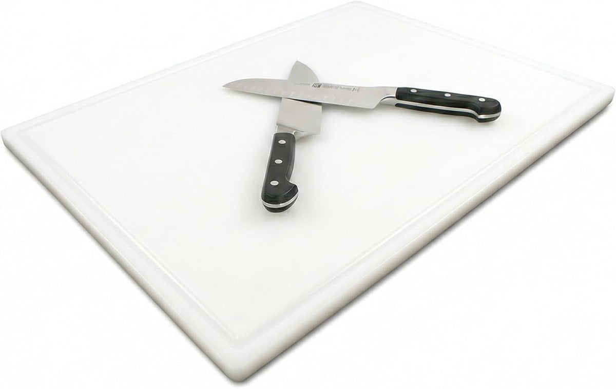 Thirteen Chefs 18x12 White Cutting Board with Groove, 1/2" Thick Plastic