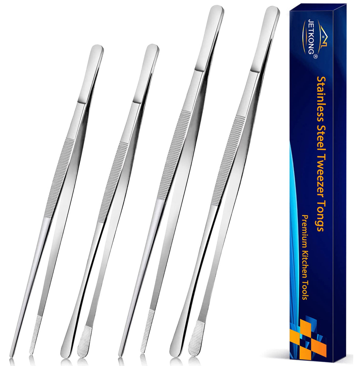 JETKONG 2 Pcs 12-Inch Kitchen Tweezers Tongs with Precision Serrated Tips, Stainless Steel Chef Tweezer Professional Cooking Tweezers for BBQ, Plating and Serving (12-Inch, Black)