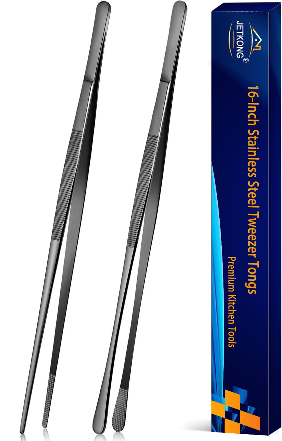 JETKONG 2 Pcs 12-Inch Kitchen Tweezers Tongs with Precision Serrated Tips, Stainless Steel Chef Tweezer Professional Cooking Tweezers for BBQ, Plating and Serving (12-Inch, Black)