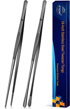JETKONG 2 Pcs 12-Inch Kitchen Tweezers Tongs with Precision Serrated Tips, Stainless Steel Chef Tweezer Professional Cooking Tweezers for BBQ, Plating and Serving (12-Inch, Black)