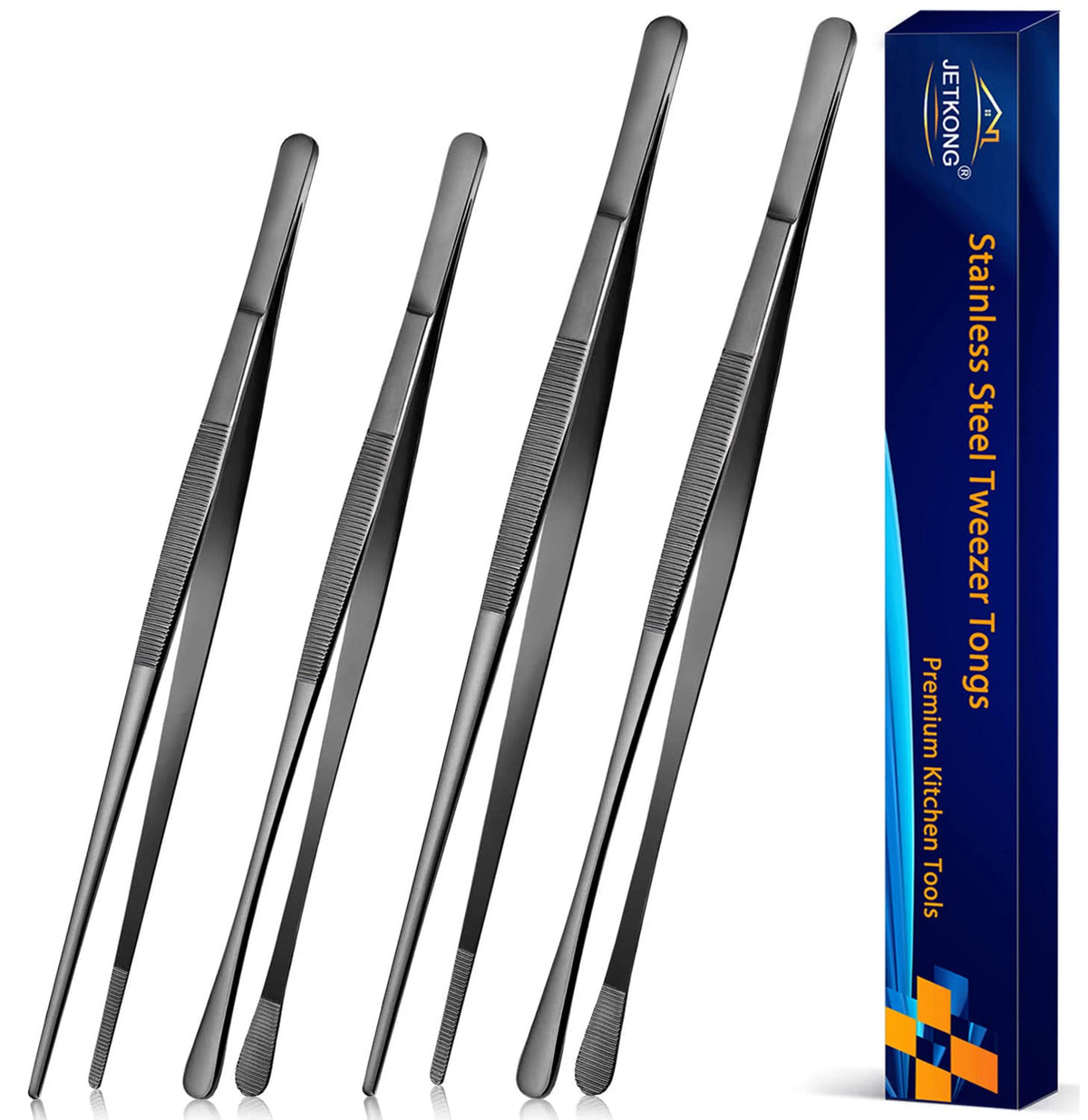 JETKONG 2 Pcs 12-Inch Kitchen Tweezers Tongs with Precision Serrated Tips, Stainless Steel Chef Tweezer Professional Cooking Tweezers for BBQ, Plating and Serving (12-Inch, Black)