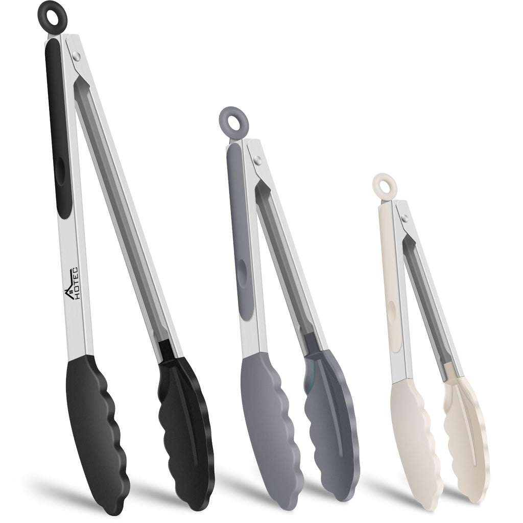 HOTEC Stainless Steel Kitchen Tongs with Silicone Tips, Set of 2-9" and 12"