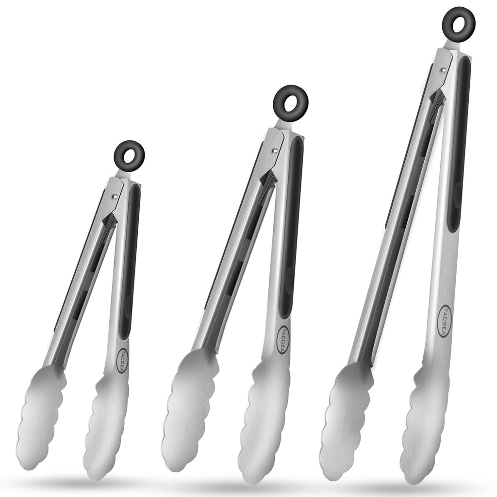 TACGEA Stainless Steel Kitchen Tongs, Silicone Non-slip Grip, Locking Grilling Food Tongs Set of 2, 9-inch & 12-inch