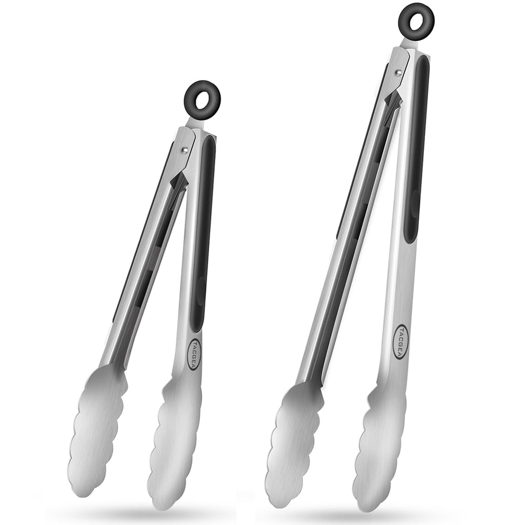 TACGEA Stainless Steel Kitchen Tongs, Silicone Non-slip Grip, Locking Grilling Food Tongs Set of 2, 9-inch & 12-inch