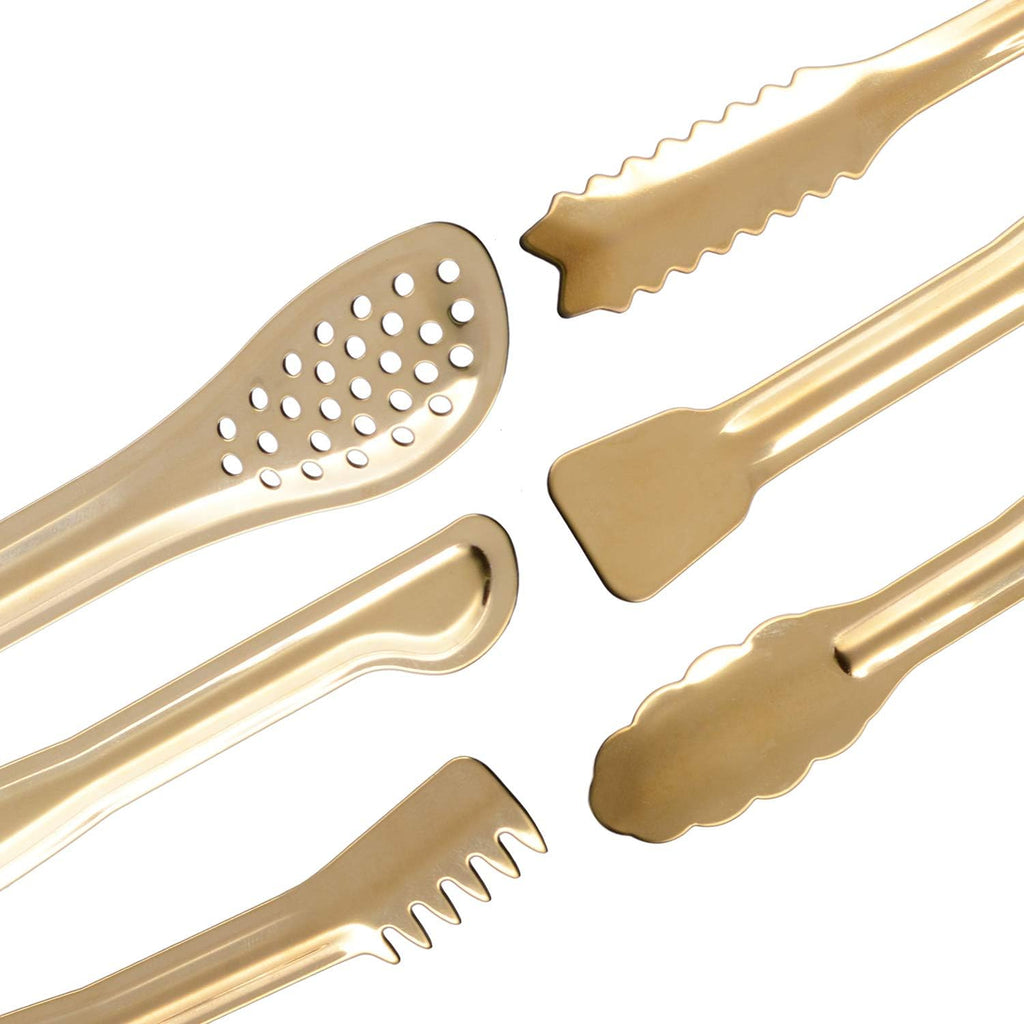 HINMAY Gold Plated Mini Serving Tongs Set 6-Inch Appetizers Tongs, Set of 6
