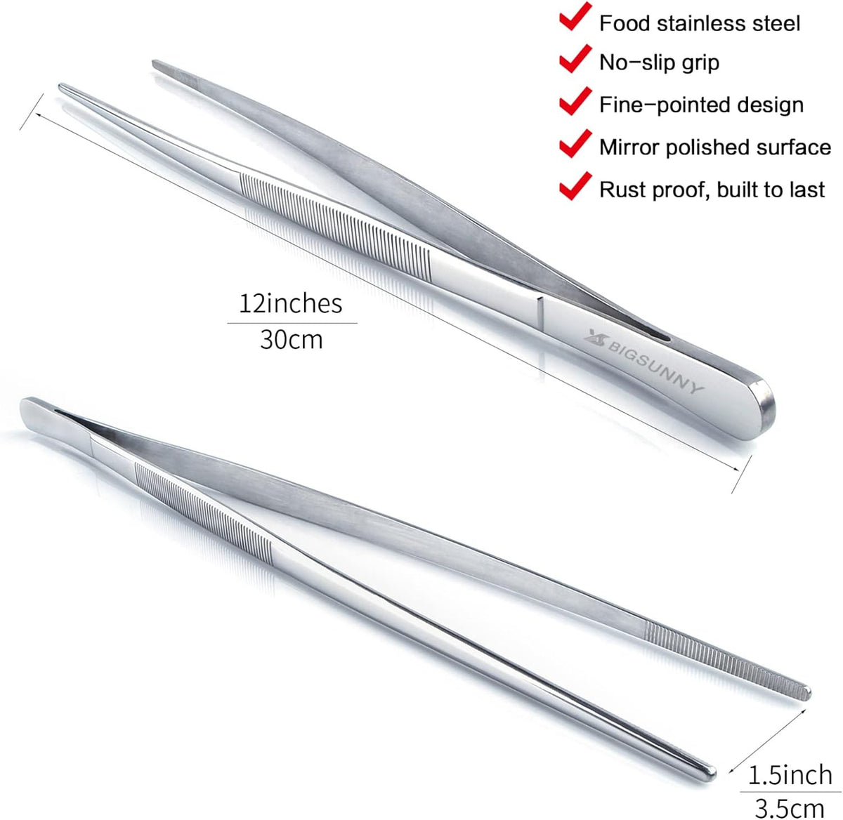 MSY BIGSUNNY 12 Inch Kitchen Tweezers Fine Tweezer Tongs, Stainless Steel Food Tweezers Multi-function Precision Serrated Tips Cooking Tongs Kitchen Serving Tong
