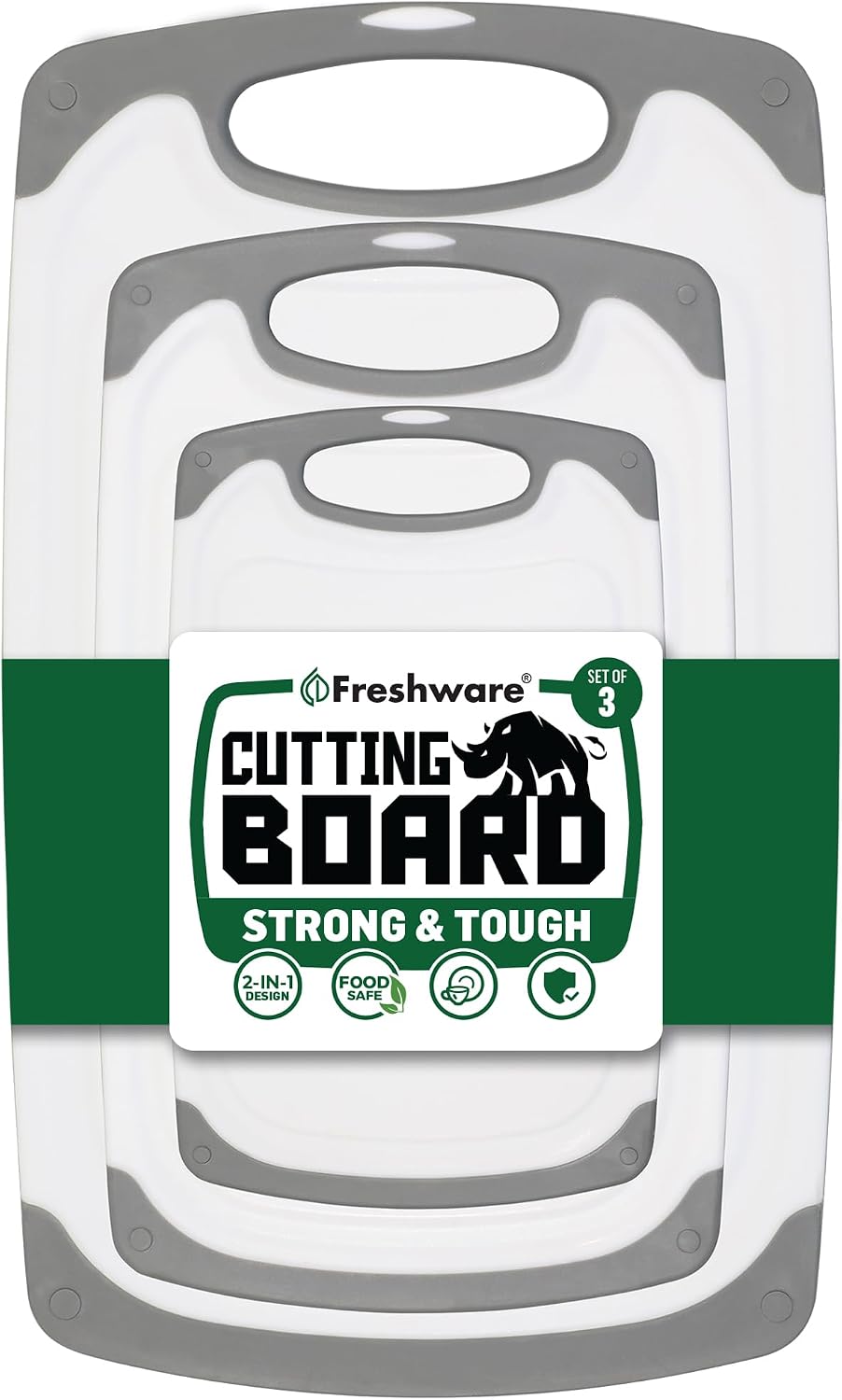 Freshware Cutting Boards for Kitchen, Chopping Board 3-Pack with Different Sizes, Juice Grooves and Non Slip Handles - Reversible, Large Cutting Board Set - Dishwasher Safe - Gray