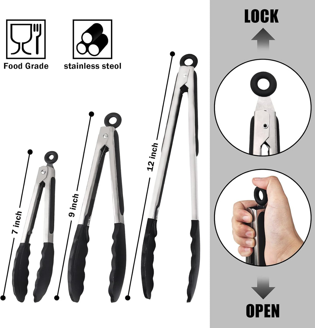 Kitchen Tongs with Silicone Tips, Stainless Steel Cooking Tongs Set of 3
