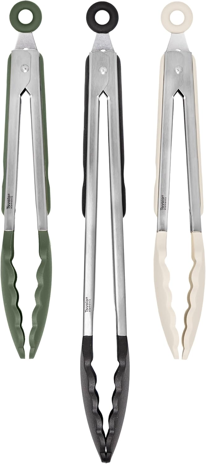 Tovolo Kitchen Tongs with Silicone Tips 9 Inch for Cooking Mixing and Serving, Easy Clean Dishwasher Safe Silicone Tipped Tongs with Locking Stainless Steel Heat Resistant, Warm Gray