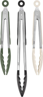 Tovolo Kitchen Tongs with Silicone Tips 9 Inch for Cooking Mixing and Serving, Easy Clean Dishwasher Safe Silicone Tipped Tongs with Locking Stainless Steel Heat Resistant, Warm Gray