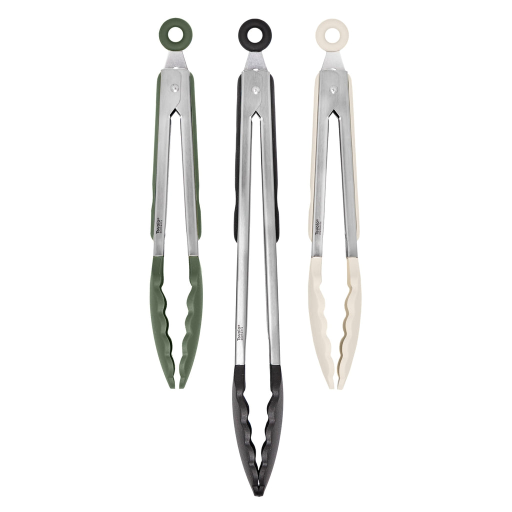 Tovolo Kitchen Tongs with Silicone Tips 9 Inch for Cooking Mixing and Serving, Easy Clean Dishwasher Safe Silicone Tipped Tongs with Locking Stainless Steel Heat Resistant, Warm Gray