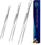 JETKONG 9 12 14 Inch Extra Long Kitchen Tweezers Heavy Duty Stainless Steel Cooking Tweezers, Set of 3 (Point Tips, Silver)