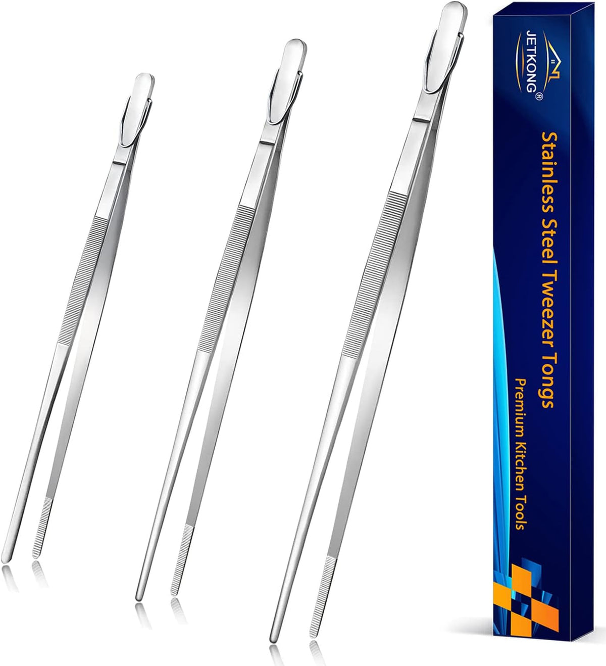 JETKONG 9 12 14 Inch Extra Long Kitchen Tweezers Heavy Duty Stainless Steel Cooking Tweezers, Set of 3 (Point Tips, Silver)