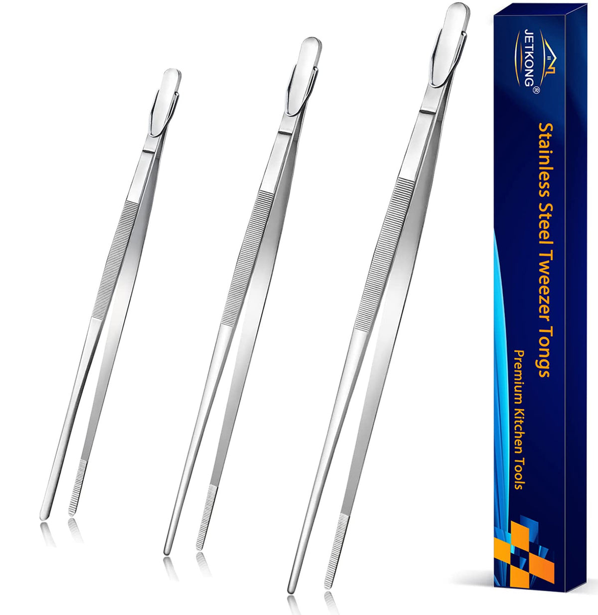 JETKONG 9 12 14 Inch Extra Long Kitchen Tweezers Heavy Duty Stainless Steel Cooking Tweezers, Set of 3 (Point Tips, Silver)