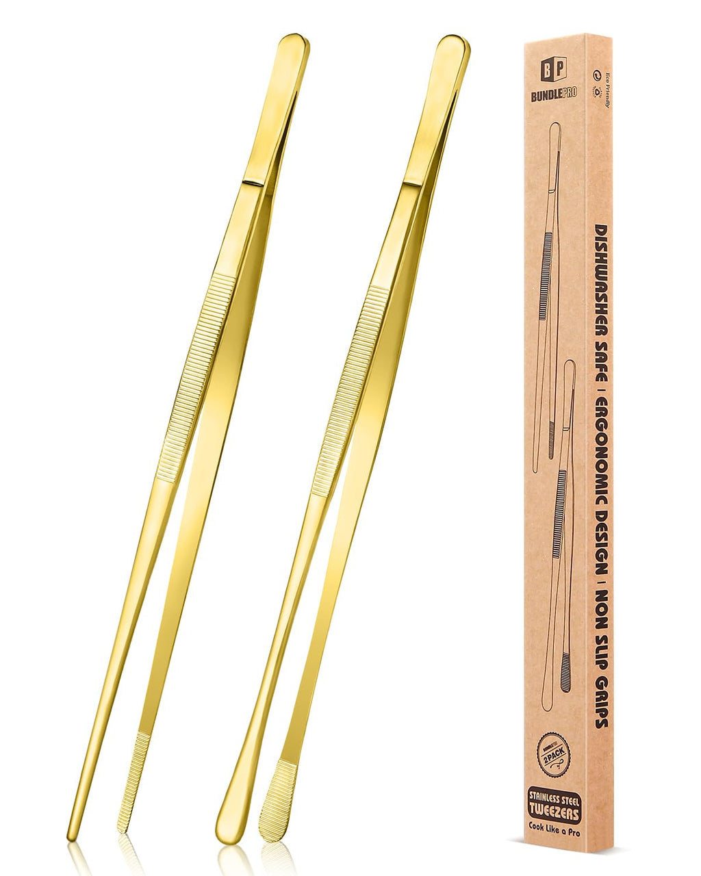 BUNDLEPRO Kitchen Tweezers Tongs with Precision Serrated Tips, 2 Pcs, 12''