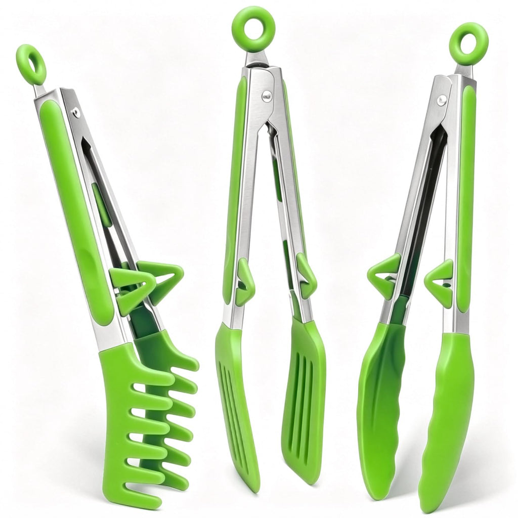 9" Kitchen Tongs for cooking with Silicone Tips, 3Pcs Serving Tongs, Green