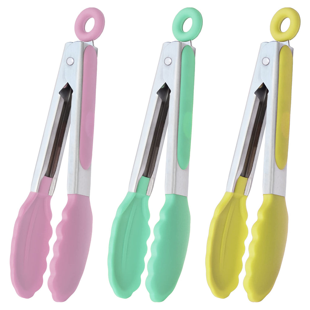 HINMAY Mini Tongs with Silicone Tips 7-Inch Serving Tongs, Set of 3 (Red Blue Green)