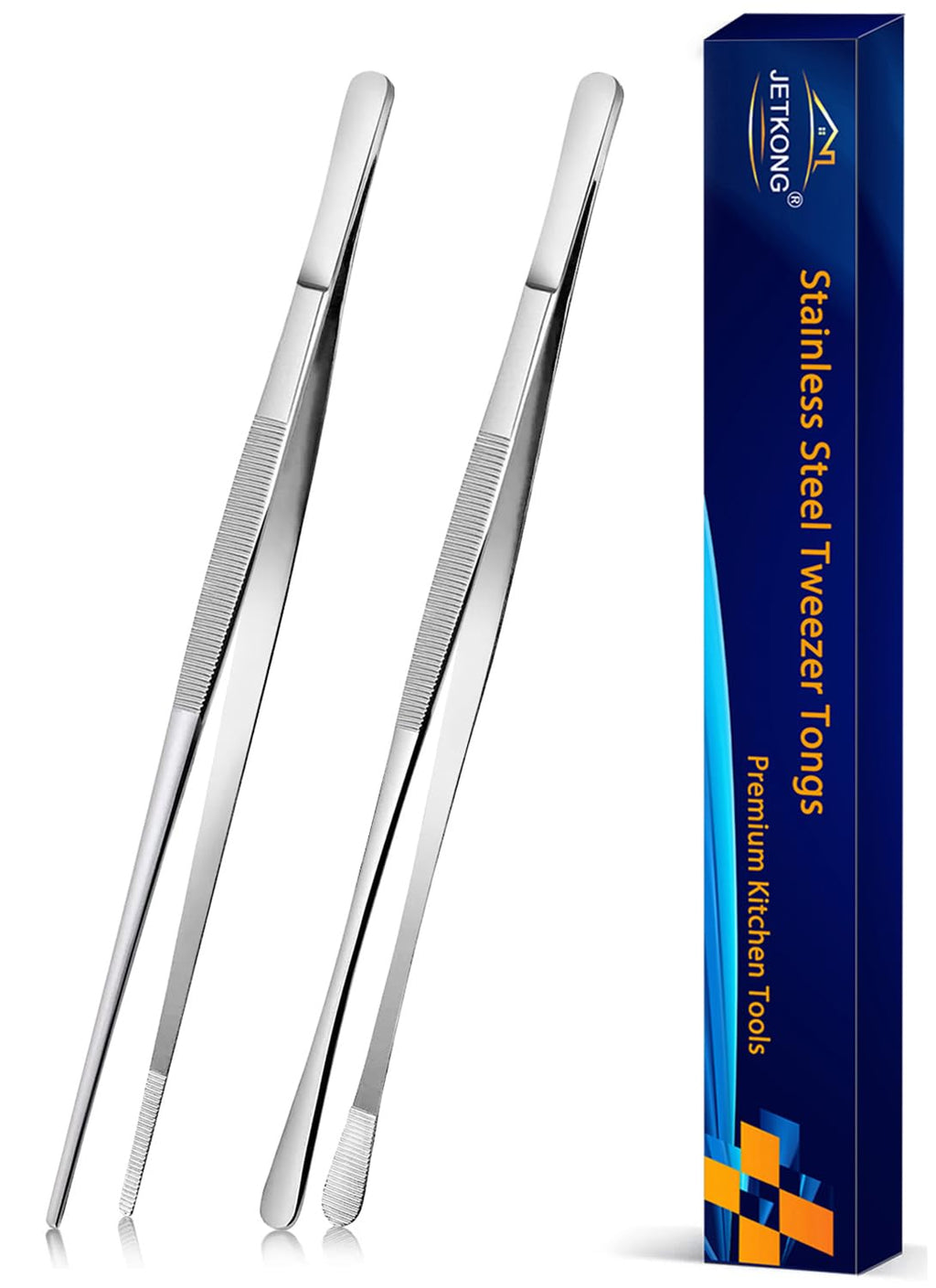 JETKONG 2 Pcs 12-Inch Kitchen Tweezers Tongs with Precision Serrated Tips, Stainless Steel Chef Tweezer Professional Cooking Tweezers for BBQ, Plating and Serving (12-Inch, Black)