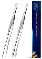 JETKONG 2 Pcs 12-Inch Kitchen Tweezers Tongs with Precision Serrated Tips, Stainless Steel Chef Tweezer Professional Cooking Tweezers for BBQ, Plating and Serving (12-Inch, Black)