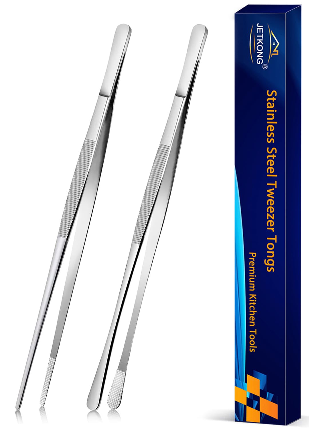 JETKONG 2 Pcs 12-Inch Kitchen Tweezers Tongs with Precision Serrated Tips, Stainless Steel Chef Tweezer Professional Cooking Tweezers for BBQ, Plating and Serving (12-Inch, Black)
