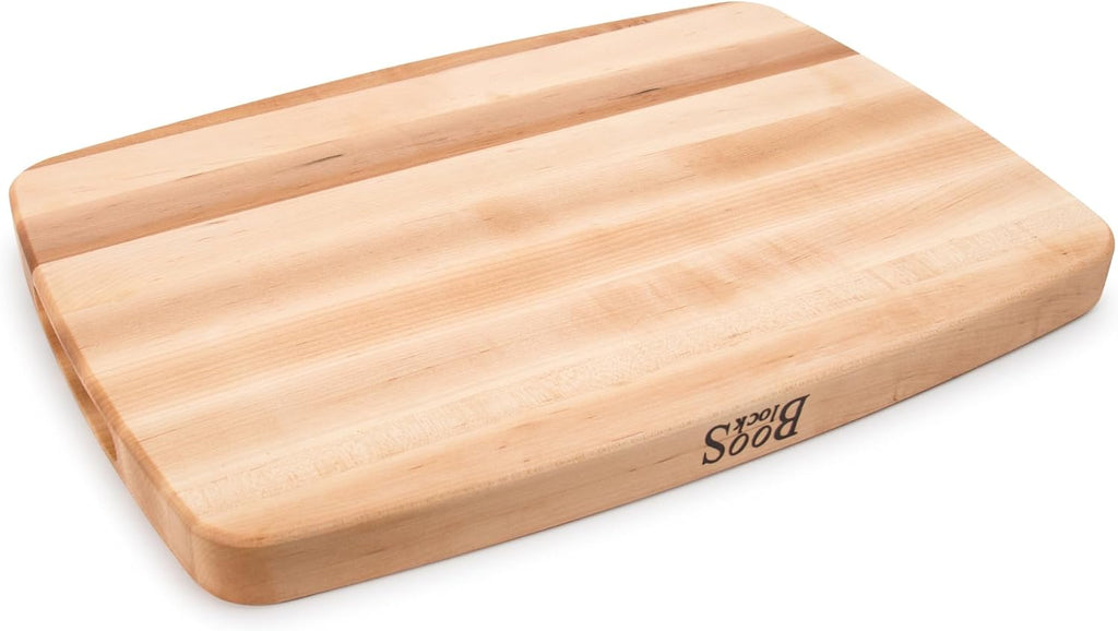 John Boos CB Series Rectangular Wooden Maple Cutting Board 20”x14” – 1.5” Thick, 12-lb Reversible Butcher Block with Rounded Edges, Juice Groove, Edge-Grain & Finger Grips – Made in the USA