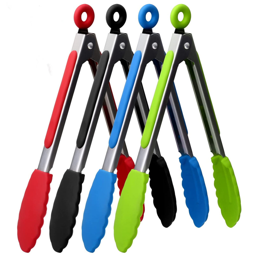 ZHIYE 4Pcs Silicone Tongs, Kitchen Tongs 7” Non-slip & Easy Grip Stainless Steel Handle - Smart Locking Clip - Heat Resistant, Food Grade