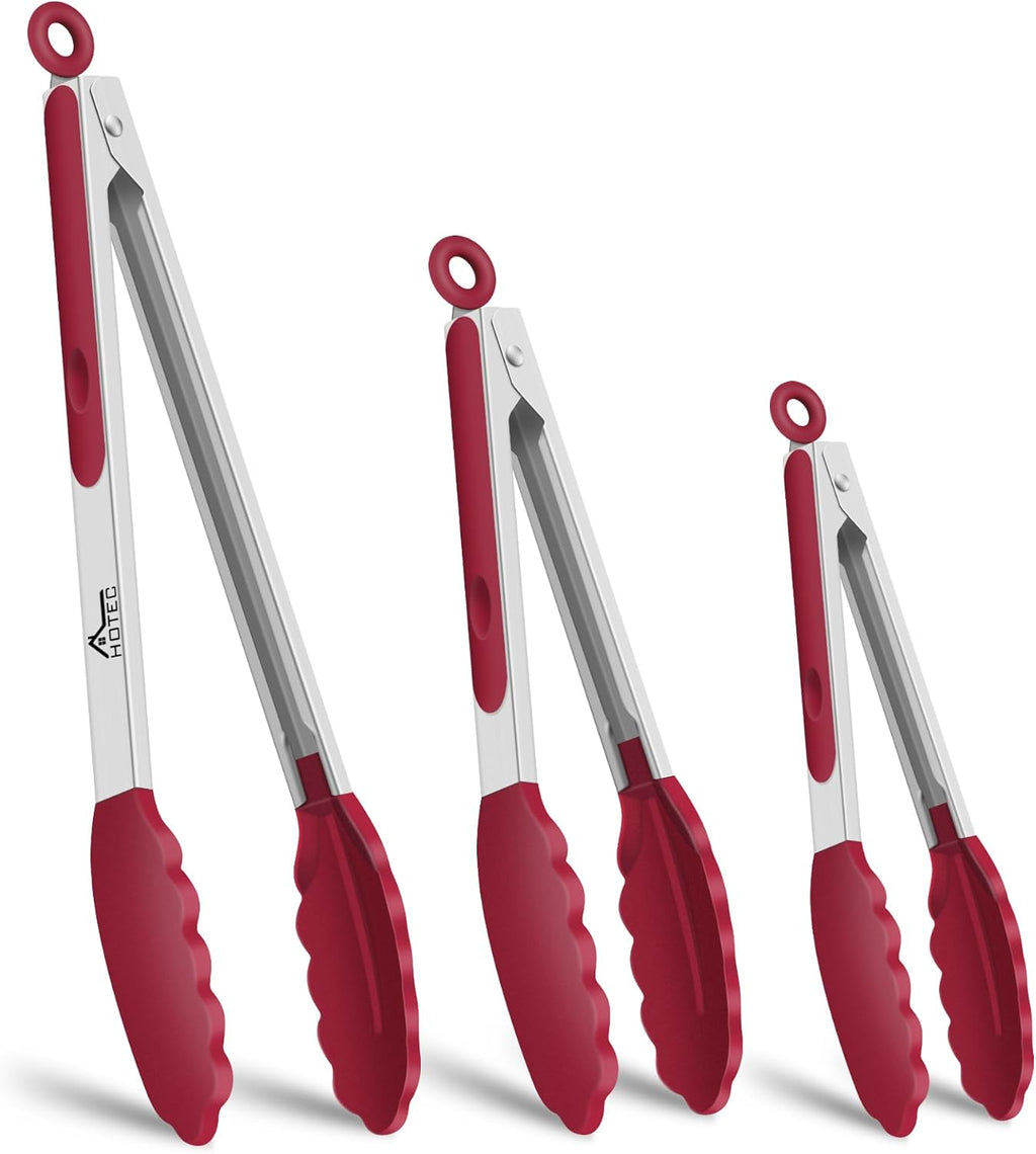 HOTEC Stainless Steel Kitchen Tongs with Silicone Tips, Set of 3-7",9" &12"