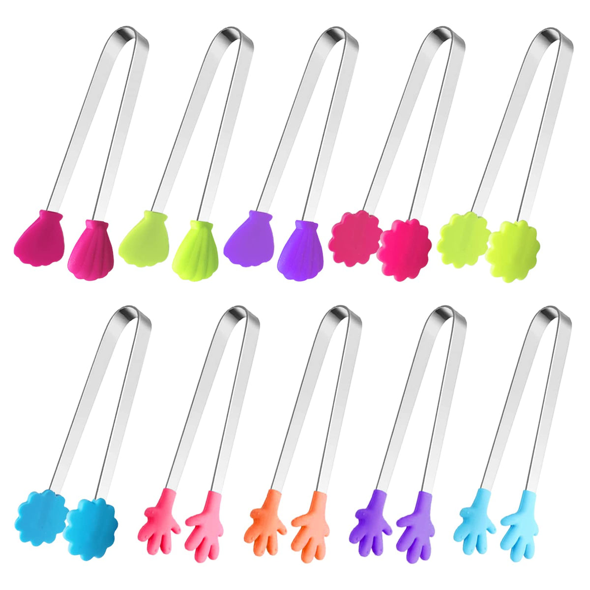 8PCS Silicone Mini Tongs, 5Inch Hand Shape Food Tongs, Colourful Small Kids Tongs for Serving Food, Ice Cube, fruits, Sugar, Barbecue by Sunenlyst (Palm sharp)
