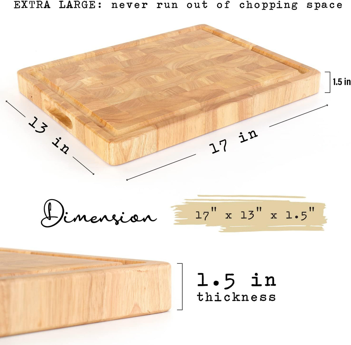 End Grain Cutting Board, Extra Large & Thick, End Grain Built-In Compartment and Juice Canal, Heavy Duty Chopping Board, Thick Carving Board for Bread Fruits Meat (17x13 Inches)