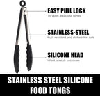 Kitchen Tongs with Silicone Tips, Stainless Steel Cooking Tongs Set of 3