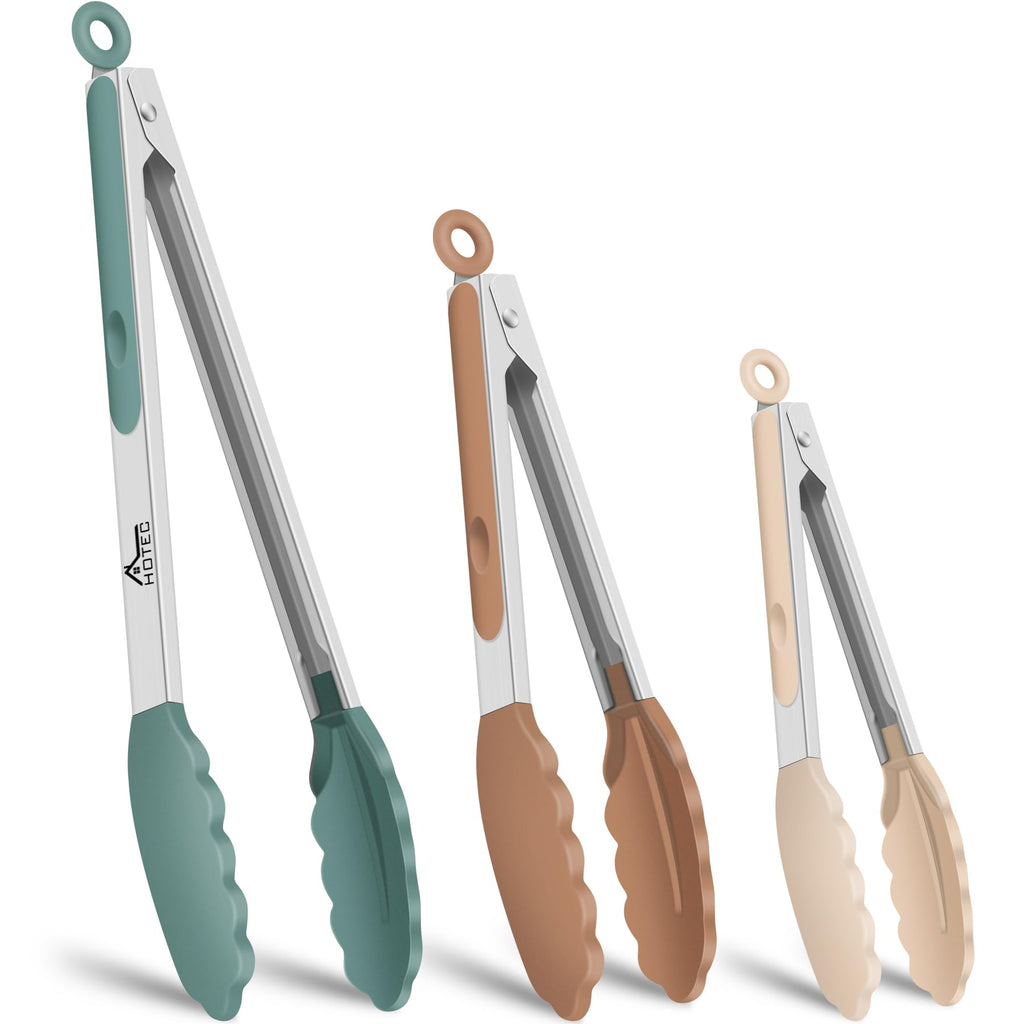 HOTEC Stainless Steel Kitchen Tongs with Silicone Tips, Set of 3-7",9" &12"