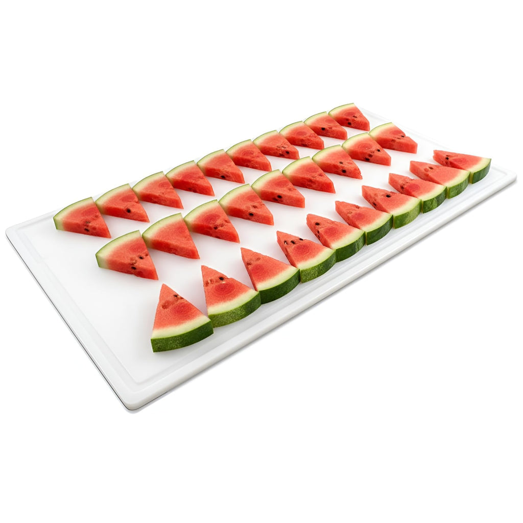 Thirteen Chefs 18x12 White Cutting Board with Groove, 1/2" Thick Plastic