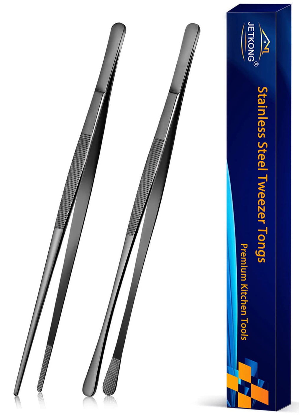 JETKONG 2 Pcs 12-Inch Kitchen Tweezers Tongs with Precision Serrated Tips, Stainless Steel Chef Tweezer Professional Cooking Tweezers for BBQ, Plating and Serving (12-Inch, Black)