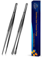 JETKONG 2 Pcs 12-Inch Kitchen Tweezers Tongs with Precision Serrated Tips, Stainless Steel Chef Tweezer Professional Cooking Tweezers for BBQ, Plating and Serving (12-Inch, Black)