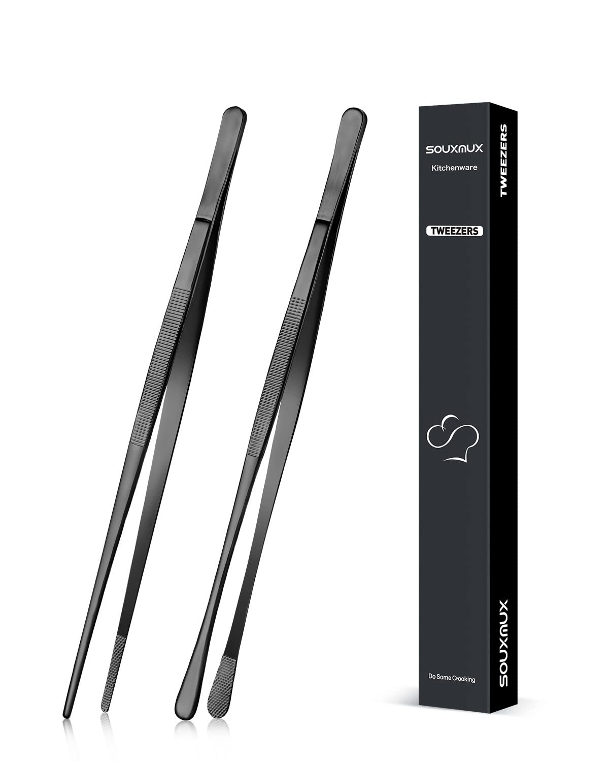 2 Pcs 12-inch Cooking Tweezers Tongs Precision Serrated Tips, Stainless Steel Professional Chef Tweezer Kitchen Tools for BBQ, Plating and Serving (Black)