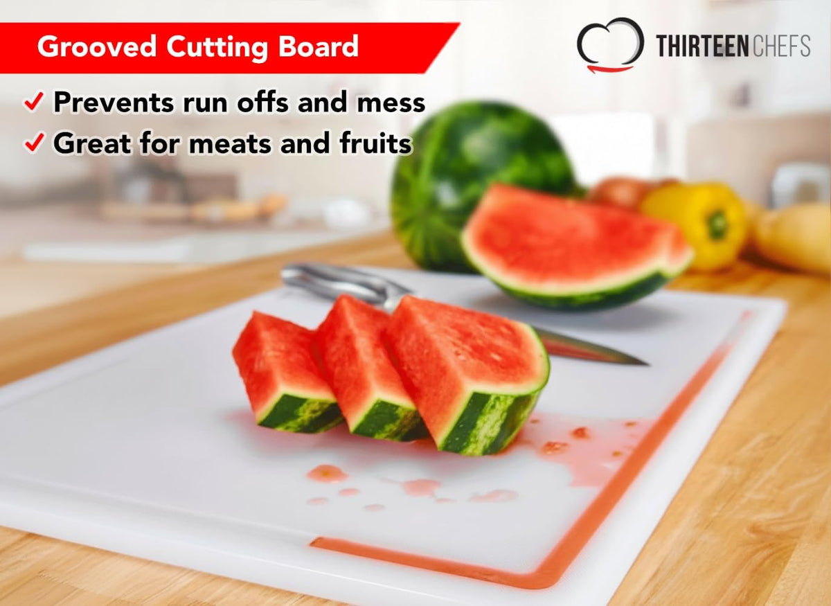 Thirteen Chefs 18x12 White Cutting Board with Groove, 1/2" Thick Plastic