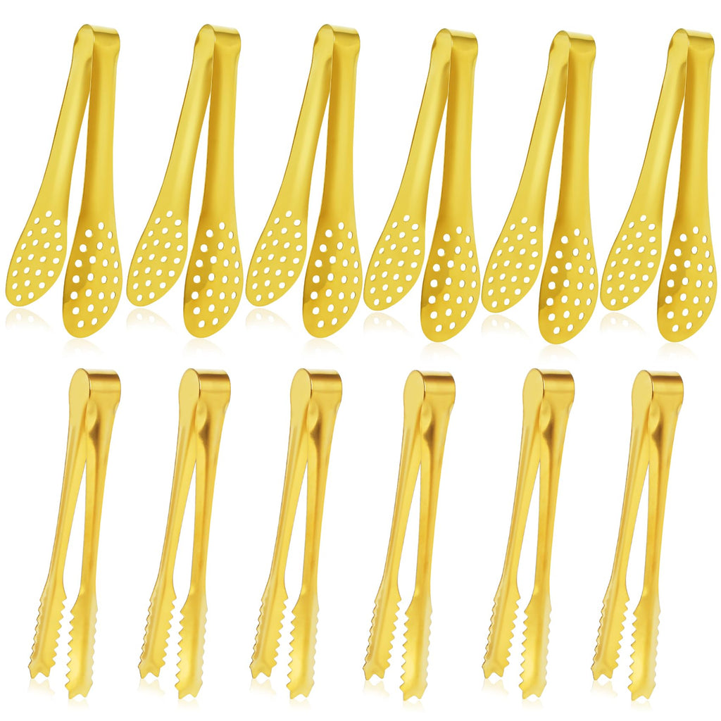 JCREN 12 Pcs Serving Tongs, Small Serving Utensils for Parties Catering Gold Tongs, Small Stainless Steel Mini Appetizer Tongs for Tea Party Coffee Bar, 4 Inches - Gold