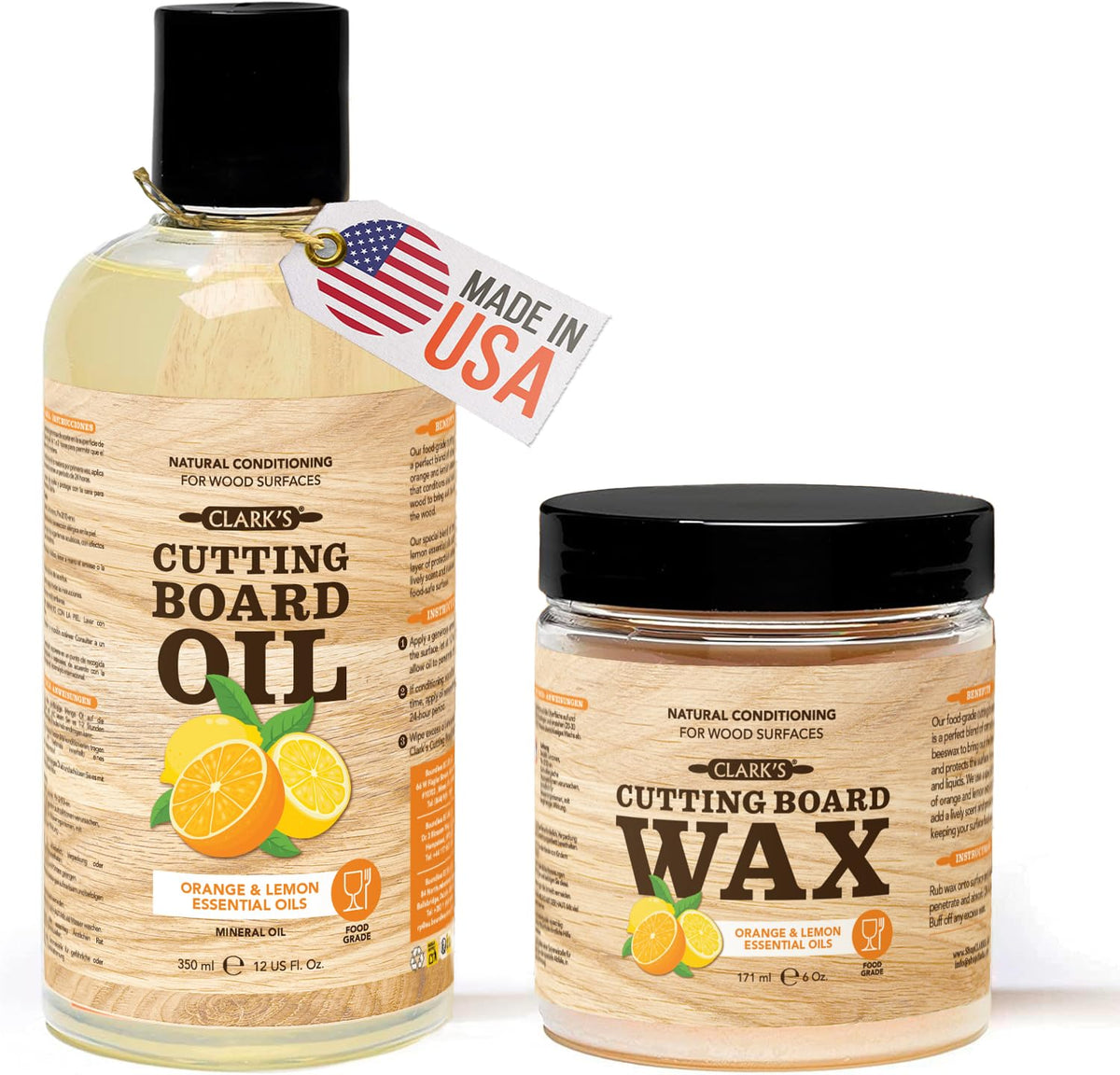 CLARK'S Cutting Board Oil & Wax Kit, Orange Lemon Scent, Food Safe - 2 Pack