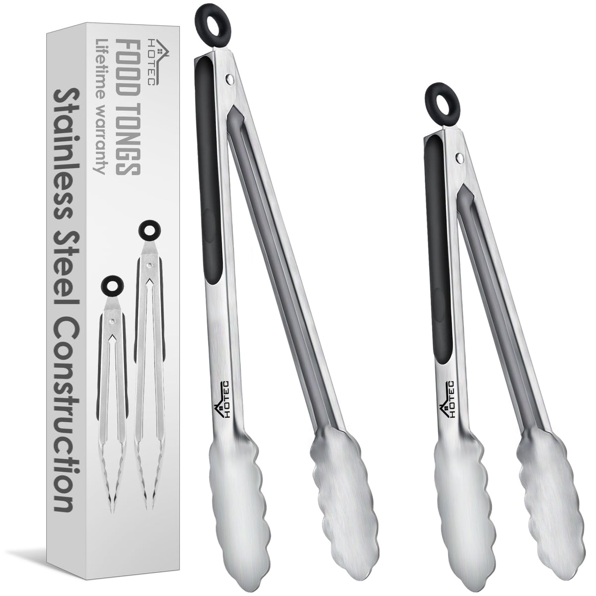 Hotec Tongs for Cooking Stainless Steel Kitchen Tongs Set of 3-7“, 9" & 12"