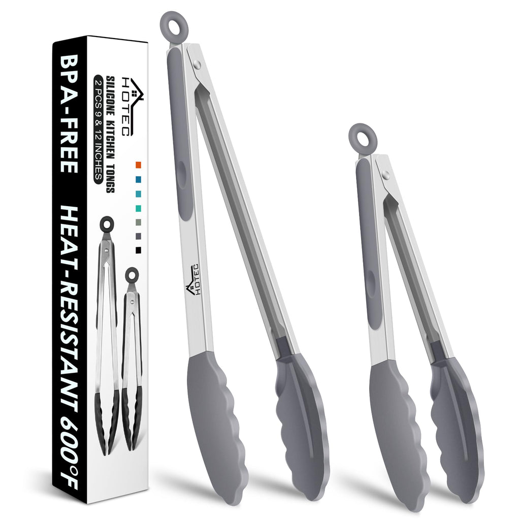 HOTEC Stainless Steel Kitchen Tongs with Silicone Tips, Set of 2-9" and 12"
