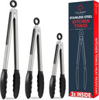Kitchen Tongs - 12, 9 & 7 Inch Locking Silicone Tongs for Cooking, Set of 3