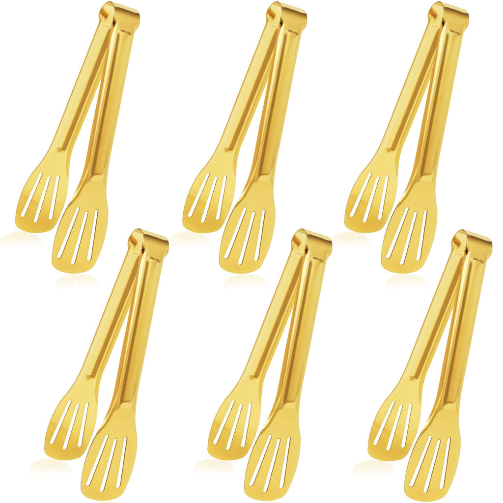 JCREN 12 Pcs Serving Tongs, Small Serving Utensils for Parties Catering Gold Tongs, Small Stainless Steel Mini Appetizer Tongs for Tea Party Coffee Bar, 4 Inches - Gold