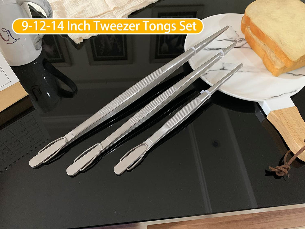 JETKONG 9 12 14 Inch Extra Long Kitchen Tweezers Heavy Duty Stainless Steel Cooking Tweezers, Set of 3 (Point Tips, Silver)